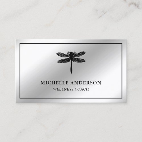 Modern Elegant Faux Metallic Silver Foil Dragonfly Business Card