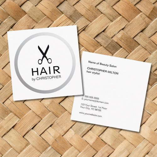 Modern Elegant Faux Silver Black Hair Stylist Square Business Card