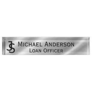 Modern Elegant Faux Silver Monogram Logo Desk Name Plate