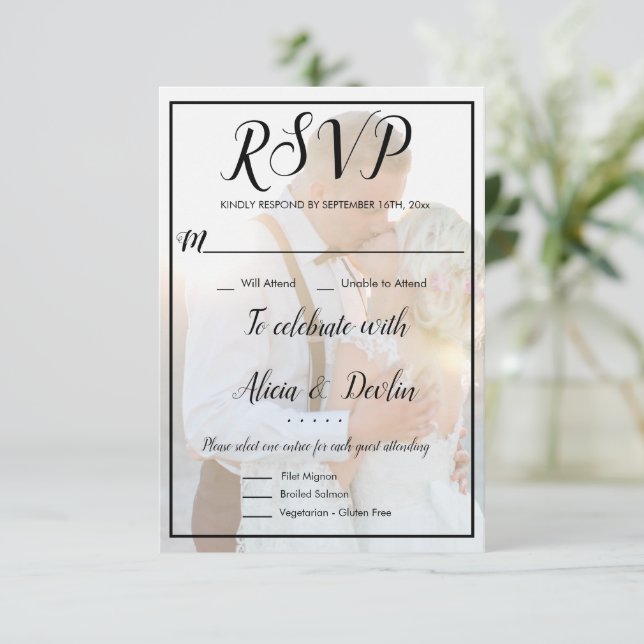 Modern Elegant Faux Vellum Overlay Photo Rsvp Card (Standing Front)