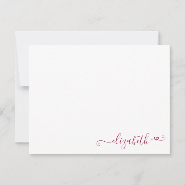 Modern Elegant Feminine Burgundy Red Heart Script Note Card (Front)