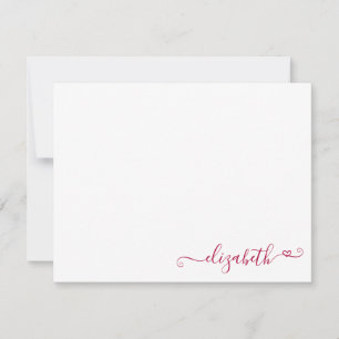 Modern Elegant Feminine Burgundy Red Heart Script Note Card