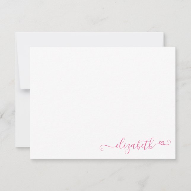 Modern Elegant Feminine Magenta Pink Heart Script Note Card (Front)