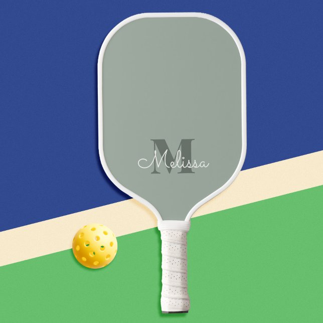 Modern Elegant Feminine Sage Green Monogram Name Pickleball Paddle (Creator Uploaded)