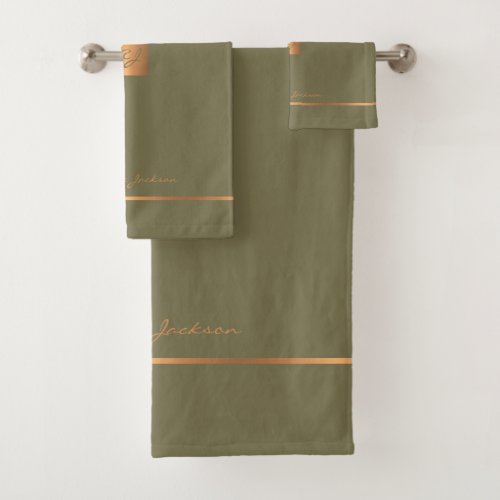 Modern elegant fern green chic monogrammed stripes bath towel set