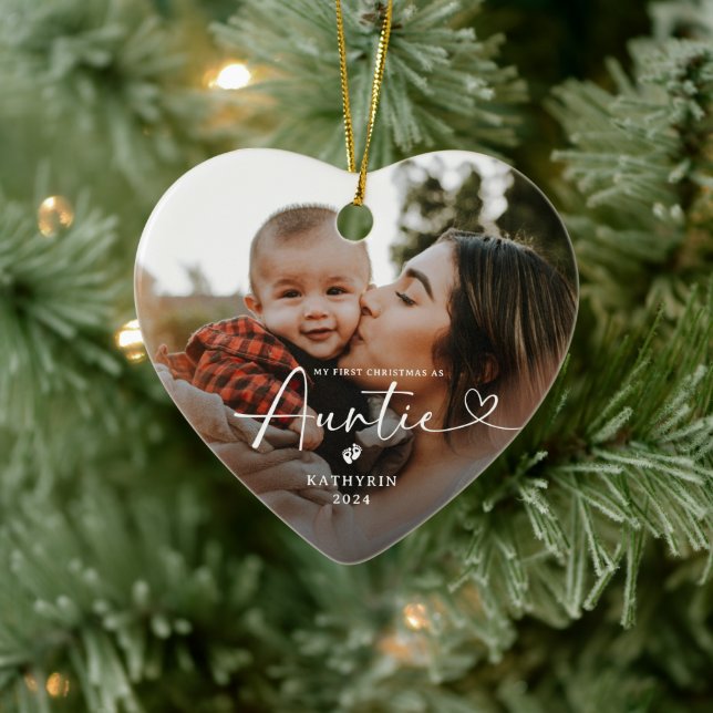 Modern Elegant First Christmas As Auntie Photo Ceramic Ornament (Tree)