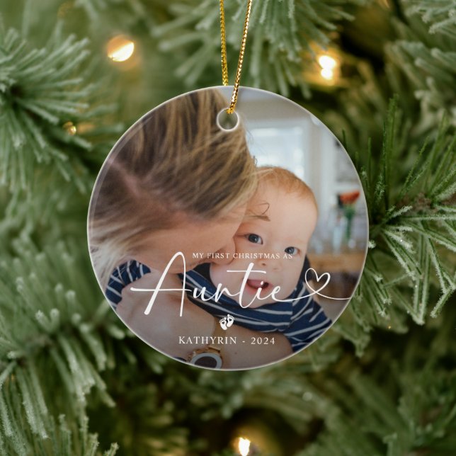 Modern Elegant First Christmas As Auntie Photo Ceramic Ornament (Tree)