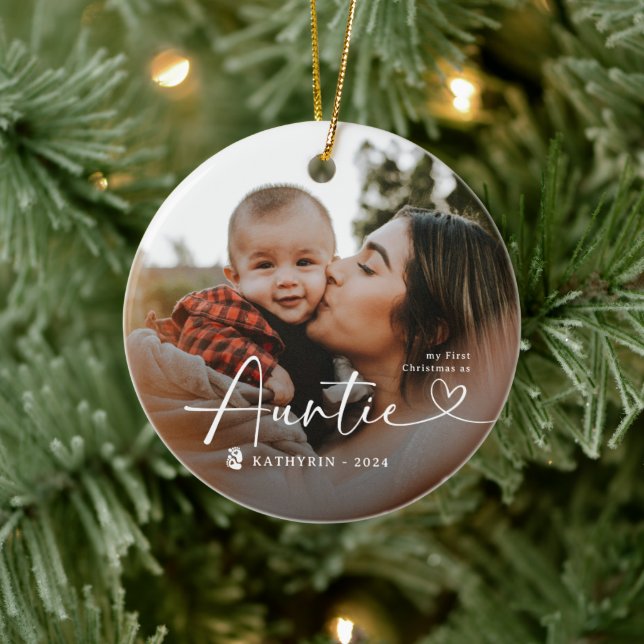 Modern Elegant First Christmas As Auntie Photo Ceramic Ornament (Tree)