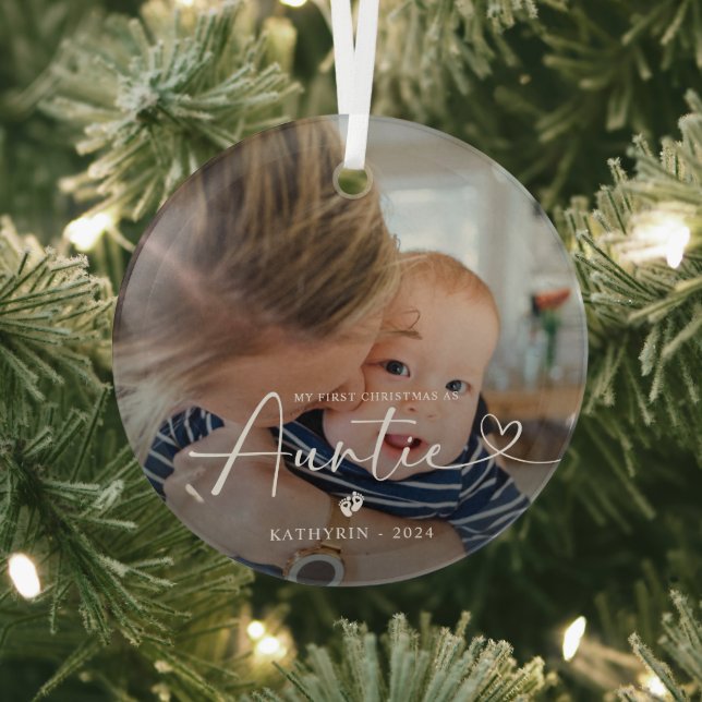 Modern Elegant First Christmas As Auntie Photo Glass Ornament (Insitu)