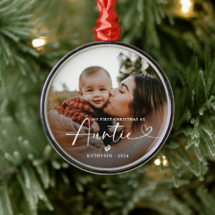 Modern Elegant First Christmas As Auntie Photo Metal Ornament