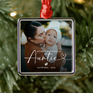 Modern Elegant First Christmas As Auntie Photo Metal Ornament