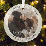 Modern Elegant First Christmas Engaged Photo Ceramic Ornament<br><div class="desc">Custom-designed photo ornament featuring "our first Christmas engaged" modern simple design with personalized photo,  name,  and year.</div>
