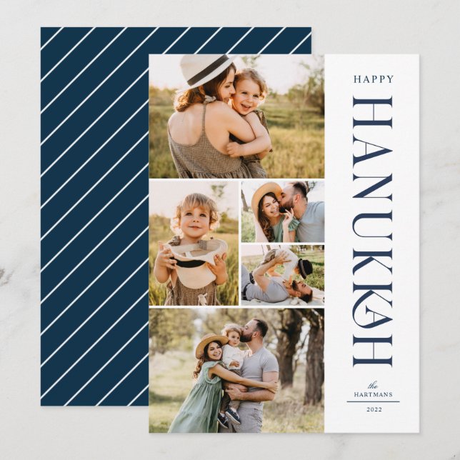 Modern Elegant Five Photo Collage Hanukkah  Holiday Card (Front/Back)