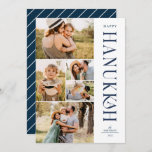 Modern Elegant Five Photo Collage Hanukkah  Holiday Card<br><div class="desc">Send stylish Hanukkah greetings with these beautiful 5 photo collage flat cards! They feature five photo templates on the left of the card, with elegant, modern typography on the right, reading "Happy Hanukkah." The back of the card contains simple diagonal stripes in white over a navy blue background. If you'd...</div>