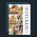 Modern Elegant Five Photo Collage Hanukkah  Holiday Card<br><div class="desc">Send stylish Hanukkah greetings with these beautiful 5 photo collage flat cards! They feature five photo templates on the left of the card, with elegant, modern typography on the right, reading "Happy Hanukkah." The back of the card contains simple diagonal stripes in white over a navy blue background. If you'd...</div>