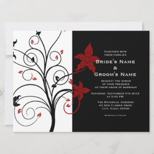 Modern Elegant Floral Black and Red Wedding Invite