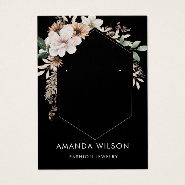 Modern elegant floral black earring display card  (Front)