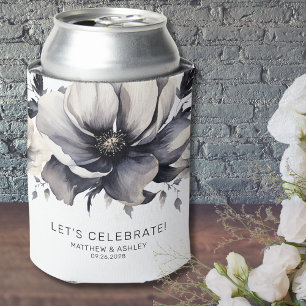 Modern Elegant Floral Black White Wedding Can Cooler