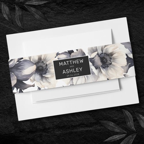 Modern Elegant Floral Black White Wedding Invitation Belly Band