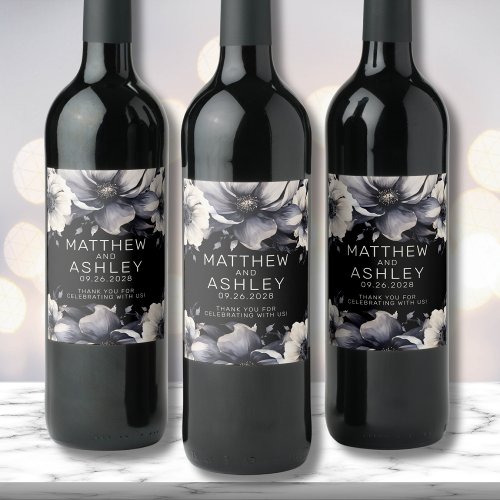 Modern Elegant Floral Black White Wedding Wine Label