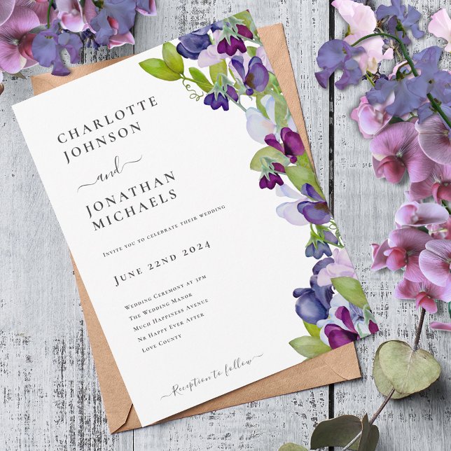 Modern Elegant Floral Blue Invitation (Modern sweetpea blue burgundy pink wedding invitation boho chic watercolor floral)