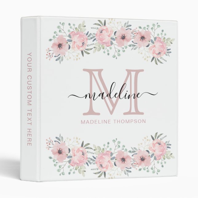 Modern Elegant Floral Blush Pink Monogram 3 Ring Binder (Front/Spine)
