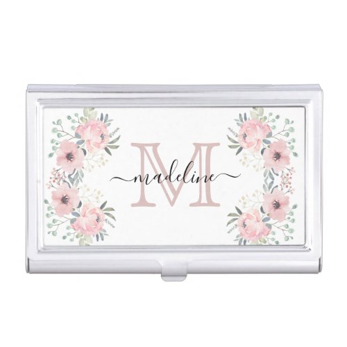 Modern Elegant Floral Blush Pink Monogram Business Card Case