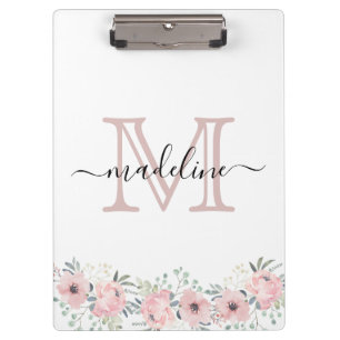 Modern Elegant Floral Blush Pink Monogram Clipboard