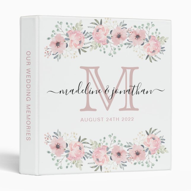 Modern Elegant Floral Blush Pink Monogram Wedding 3 Ring Binder (Front/Spine)