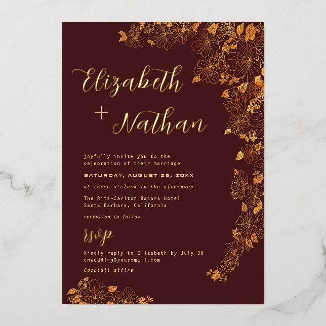 Modern Elegant Floral Burgundy & Gold Wedding  Foil Invitation (Front)