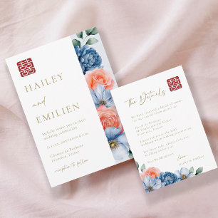 Modern Elegant Floral Chinese Wedding Details Invitation