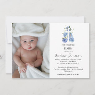 Modern Elegant Floral Christian Cross Baptism Invitation