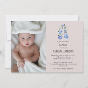 Modern Elegant Floral Christian Cross Baptism Invitation