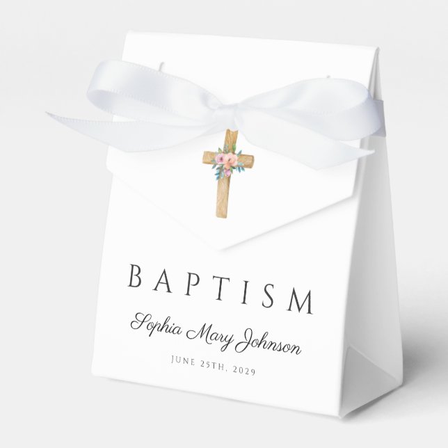 Modern Elegant Floral Cross Baptism  Favor Boxes (Front Side)