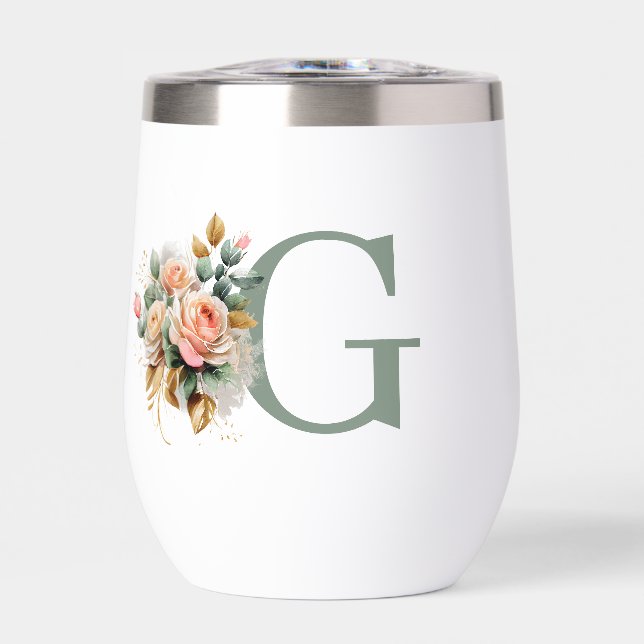Modern Elegant Floral Custom Monogram Thermal Wine Tumbler (Front)