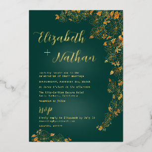 Modern Elegant Floral Emerald Green Wedding Gold Foil Invitation