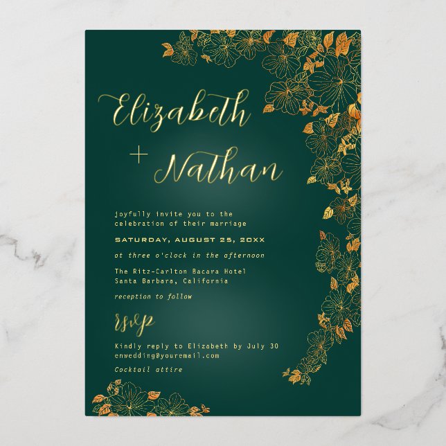 Modern Elegant Floral Emerald Green Wedding Gold  Foil Invitation (Front)