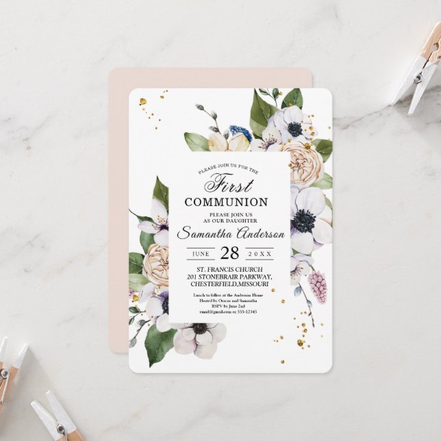 Modern Elegant Floral Frame & Gold Drops Invitation (Front/Back In Situ)