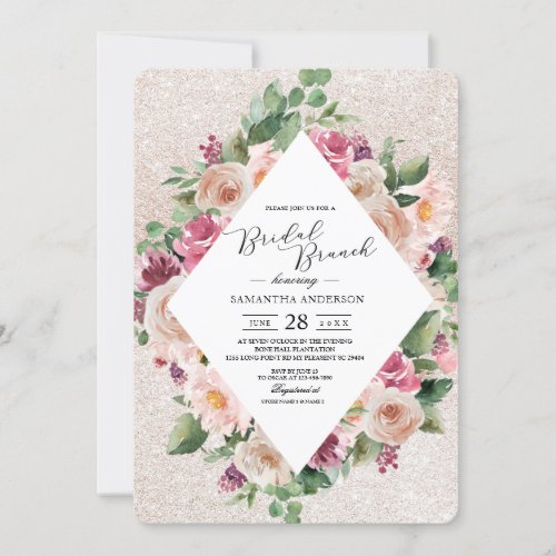 Modern Elegant Floral Frame  Pink Glitter  Invitation