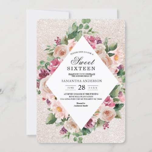 Modern Elegant Floral Frame  Pink Glitter  Invitation