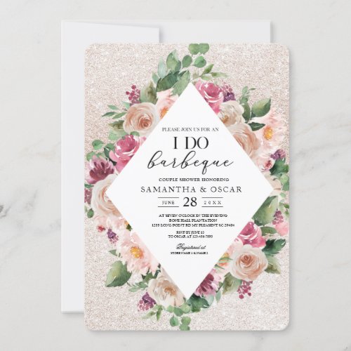 Modern Elegant Floral Frame  Pink Glitter  Invitation