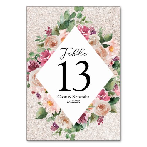 Modern Elegant Floral Frame  Pink Glitter  Table Number