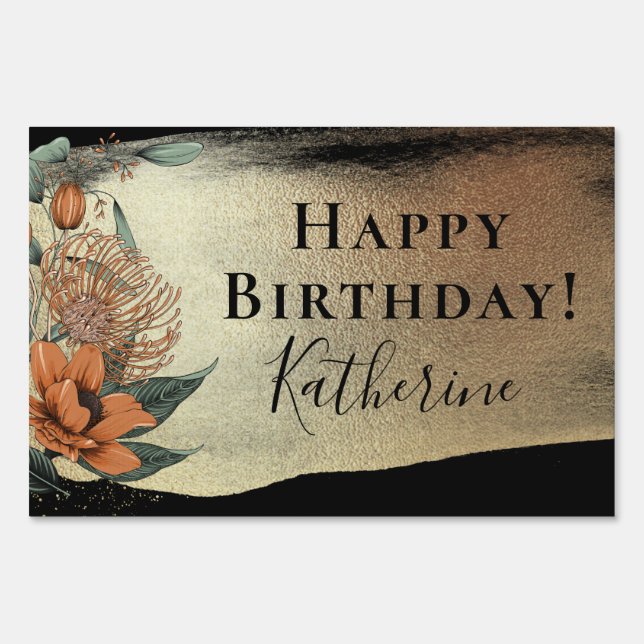 Modern Elegant Floral Gold Black Happy Birthday Sign (Front)