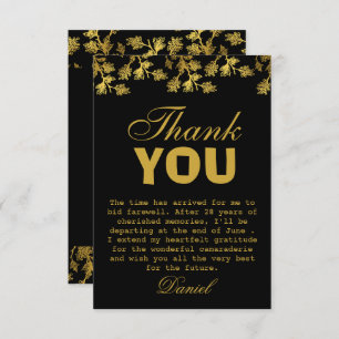 Modern Elegant Floral Gold Black Retirement Party  Thank You Card