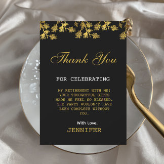 Modern Elegant Floral Gold Black Retirement Party Thank You Card