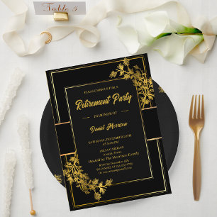 Modern Elegant Floral Gold Black Retirement Party  Thank You Card