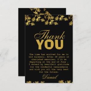 Modern Elegant Floral Gold Black Retirement Party  Thank You Card