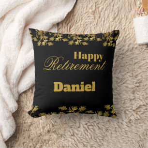 Modern Elegant Floral Gold Black Retirement Party Throw Pillow