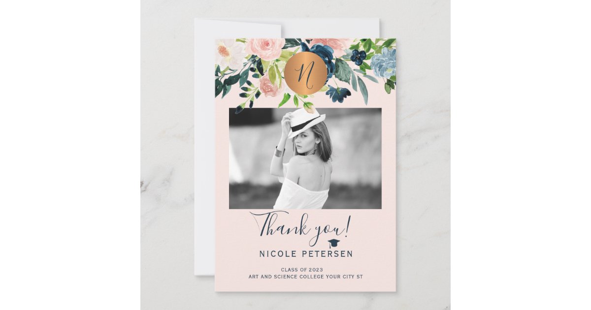 Modern elegant floral gold grad photo graduation thank you card | Zazzle