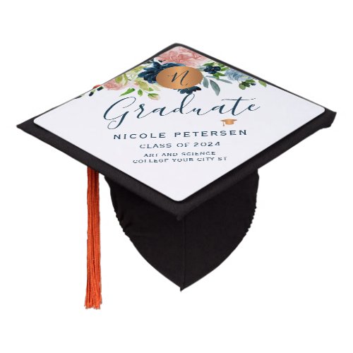 Modern elegant floral gold graduate script chic graduation cap topper
